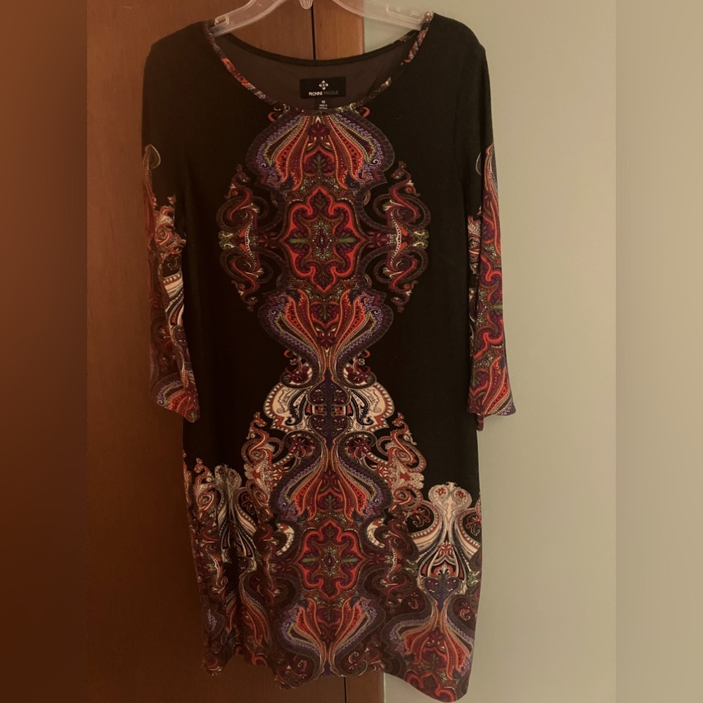 Ronni Nicole Knit Midi Dress Size 12 Autumn Colors Paisley Print 3/4 Sleeves